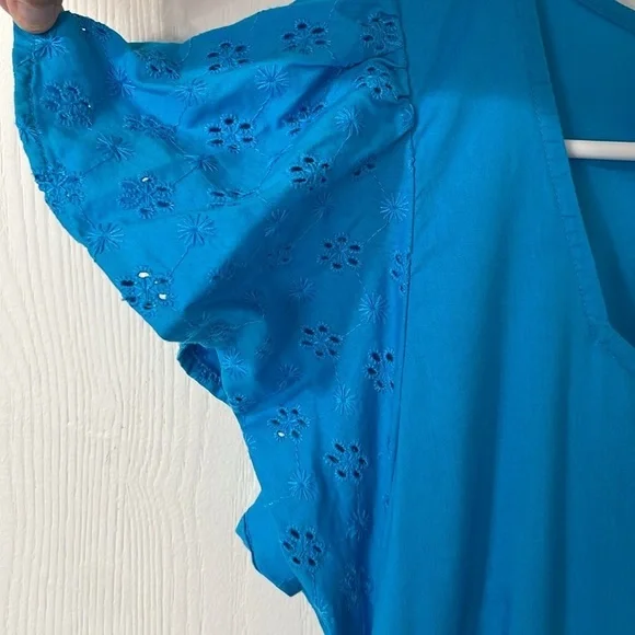 Ann Taylor Factory Blue Eyelit Tiered Embroidered Petal Sleeves Maxi Dress Sz 8 - Picture 9 of 13